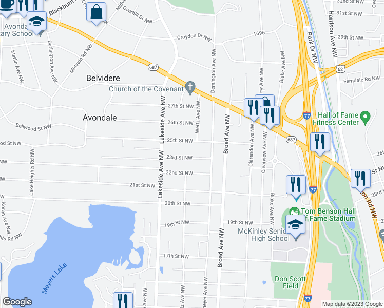 map of restaurants, bars, coffee shops, grocery stores, and more near 3005 23rd Street Northwest in Canton