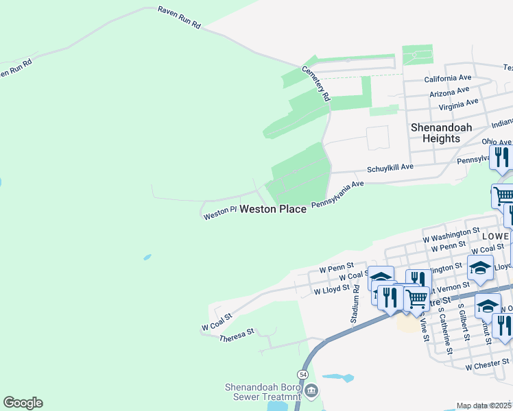 map of restaurants, bars, coffee shops, grocery stores, and more near 38 Weston Place in Shenandoah