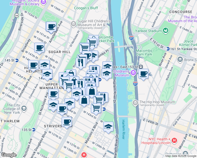 map of restaurants, bars, coffee shops, grocery stores, and more near 7th Ave & W 149th St in New York