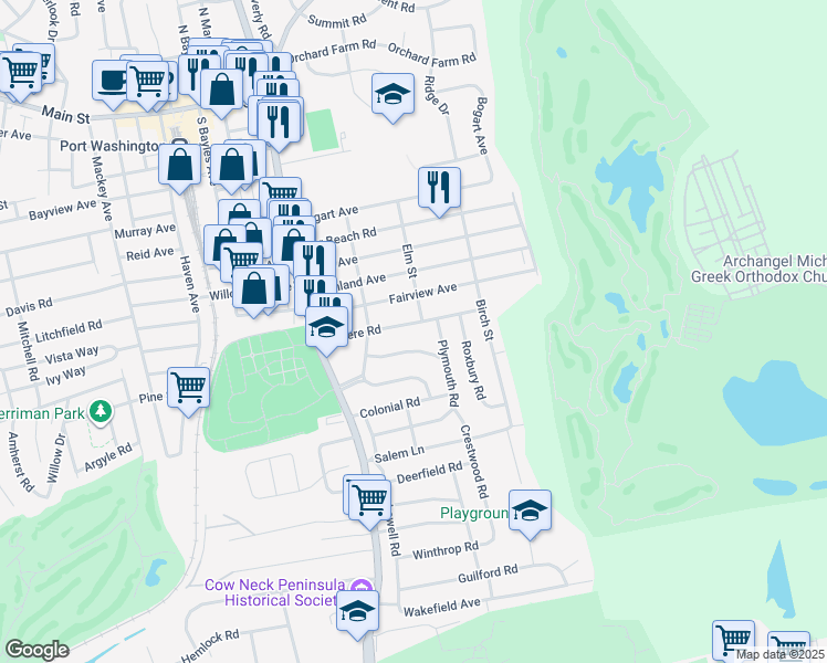 map of restaurants, bars, coffee shops, grocery stores, and more near 31 Revere Road in Port Washington