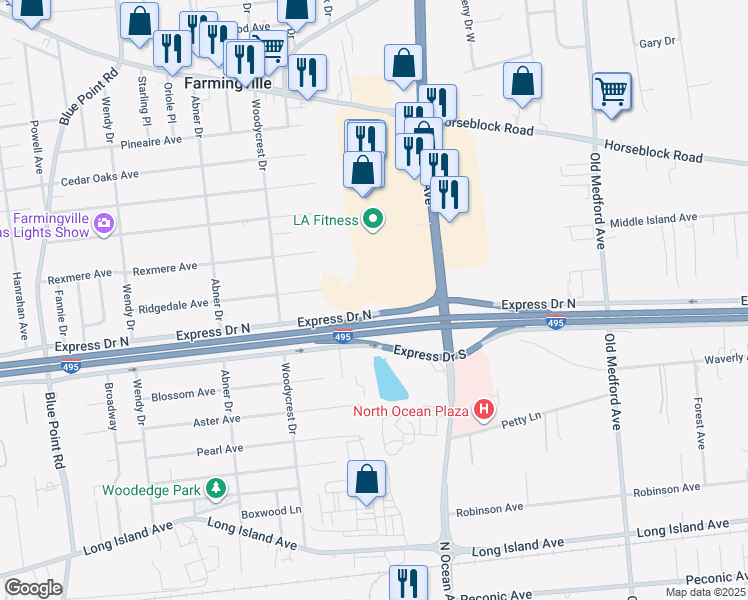 map of restaurants, bars, coffee shops, grocery stores, and more near 5535 Express Drive North in Holtsville