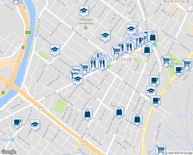 map of restaurants, bars, coffee shops, grocery stores, and more near 31 East Newell Avenue in Rutherford