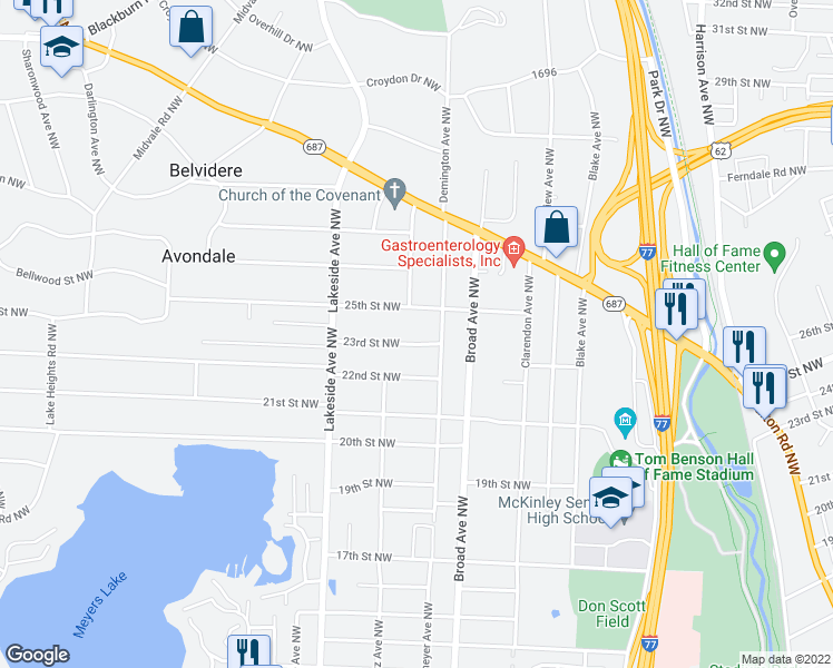 map of restaurants, bars, coffee shops, grocery stores, and more near 2921 23rd Street Northwest in Canton