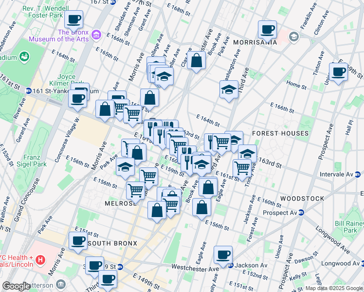 map of restaurants, bars, coffee shops, grocery stores, and more near 432 East 162nd Street in Bronx