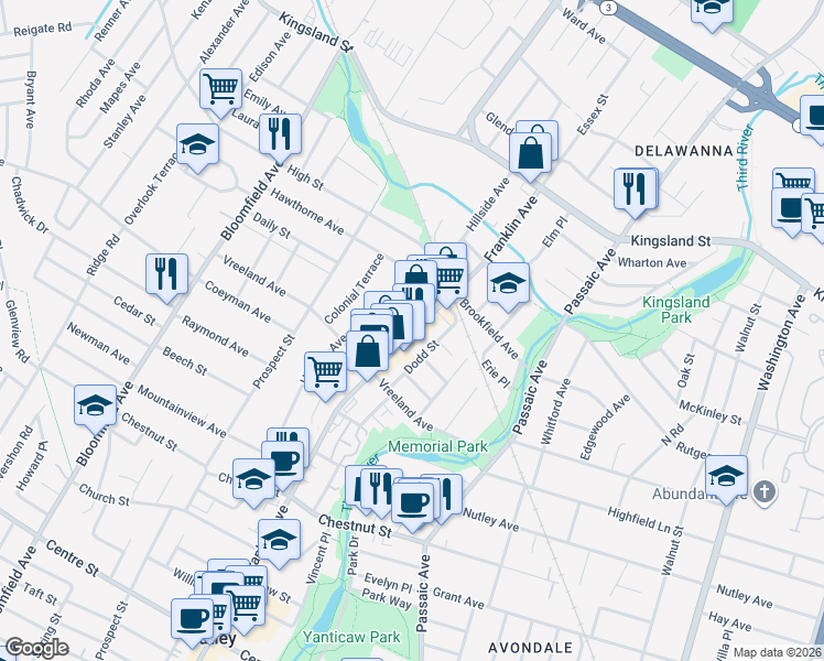 map of restaurants, bars, coffee shops, grocery stores, and more near in Nutley