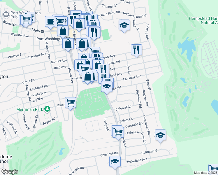 map of restaurants, bars, coffee shops, grocery stores, and more near 4 Revere Road in Port Washington