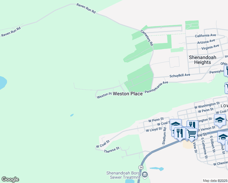 map of restaurants, bars, coffee shops, grocery stores, and more near 52 Weston Place in Shenandoah