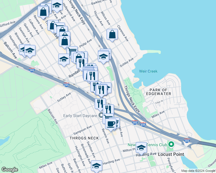 map of restaurants, bars, coffee shops, grocery stores, and more near 542 Logan Avenue in Bronx