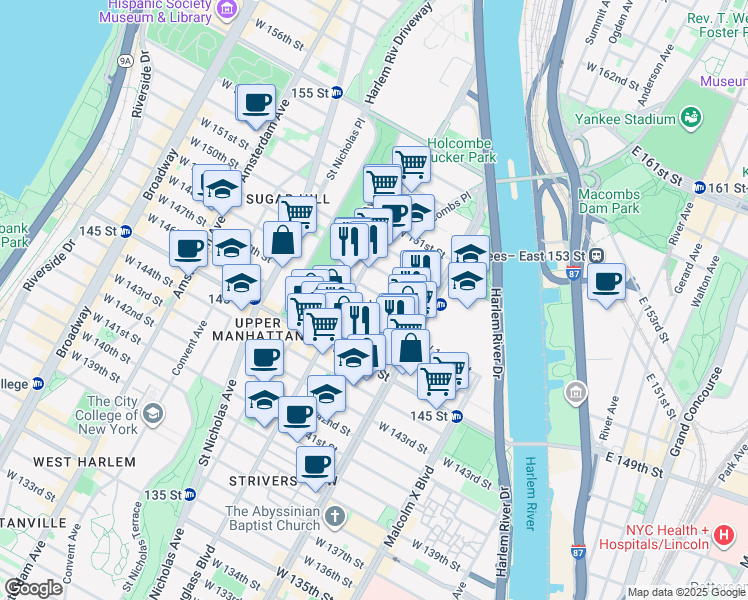 map of restaurants, bars, coffee shops, grocery stores, and more near 234 West 148th Street in New York