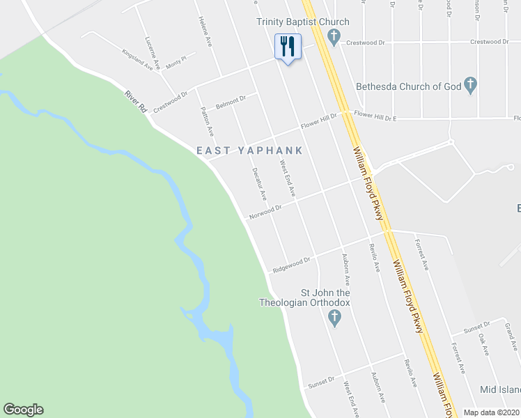 map of restaurants, bars, coffee shops, grocery stores, and more near 333 Decatur Avenue in East Yaphank