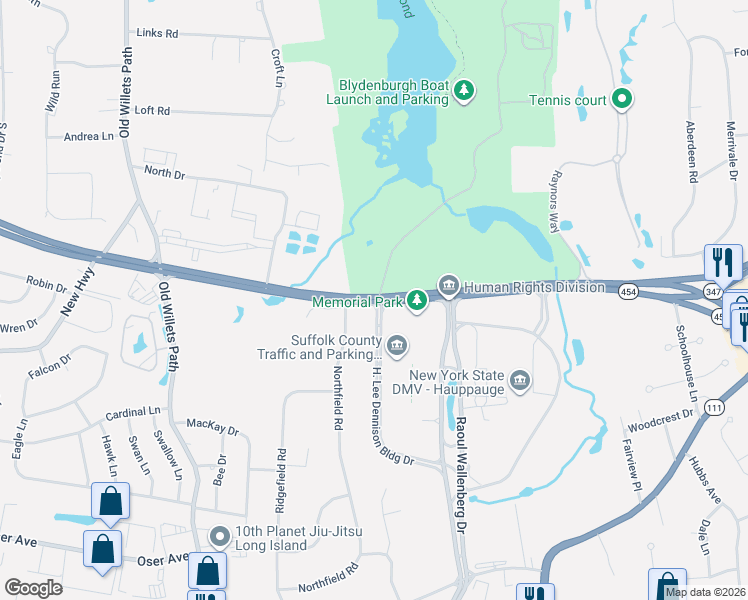 map of restaurants, bars, coffee shops, grocery stores, and more near 15 County Access Road in Hauppauge
