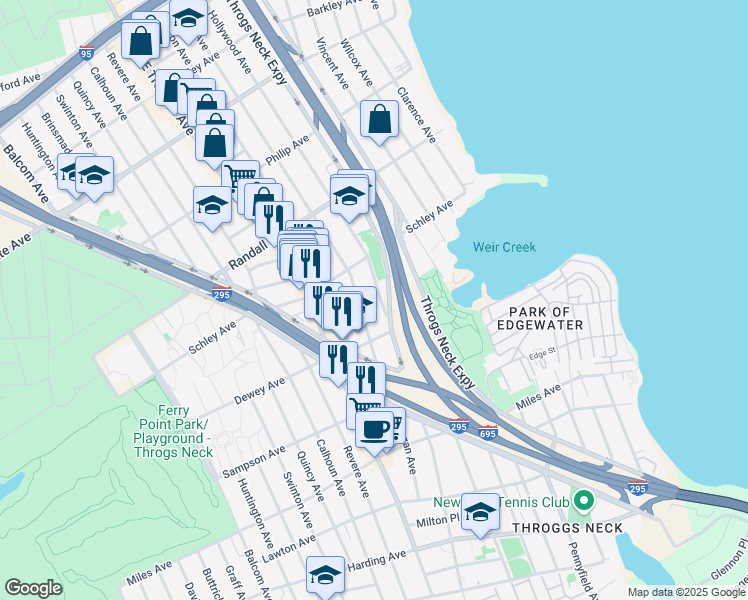 map of restaurants, bars, coffee shops, grocery stores, and more near 538 Logan Avenue in Bronx
