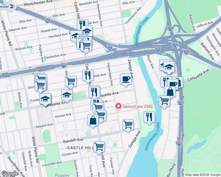 map of restaurants, bars, coffee shops, grocery stores, and more near 2265 Lafayette Avenue in Bronx