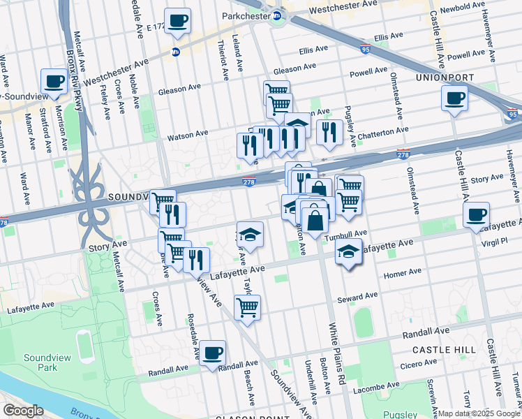 map of restaurants, bars, coffee shops, grocery stores, and more near 910 Thieriot Avenue in Bronx