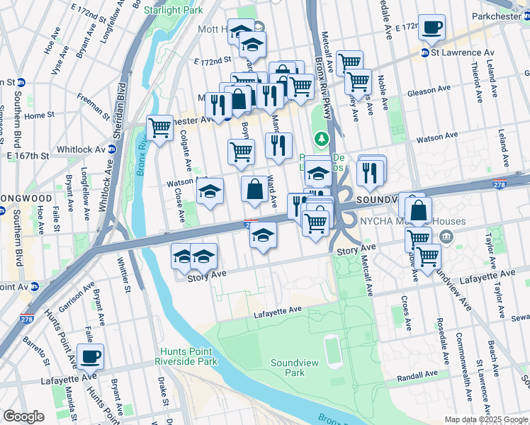 map of restaurants, bars, coffee shops, grocery stores, and more near 1557 Bruckner Boulevard in Bronx