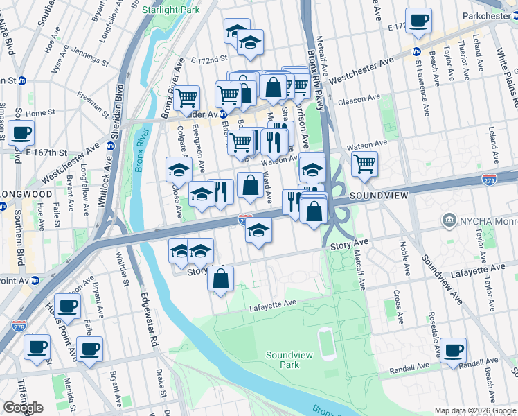 map of restaurants, bars, coffee shops, grocery stores, and more near 1557 Bruckner Boulevard in Bronx