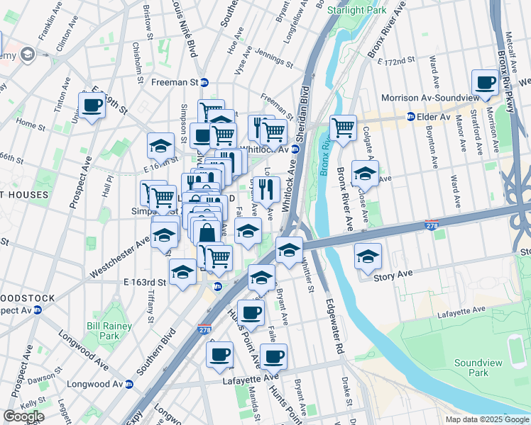 map of restaurants, bars, coffee shops, grocery stores, and more near 1020 Bryant Avenue in Bronx