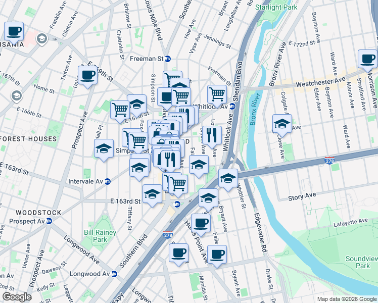 map of restaurants, bars, coffee shops, grocery stores, and more near 1029 Faile Street in Bronx