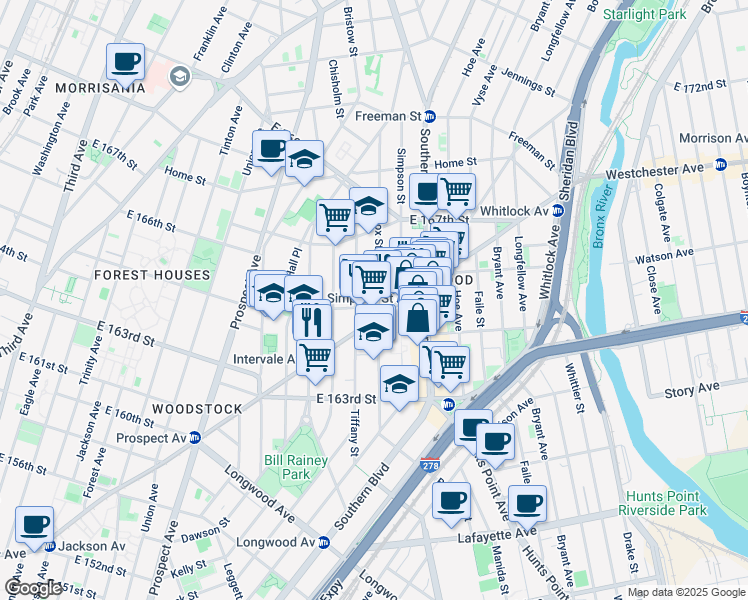 map of restaurants, bars, coffee shops, grocery stores, and more near 967 East 165th Street in Bronx