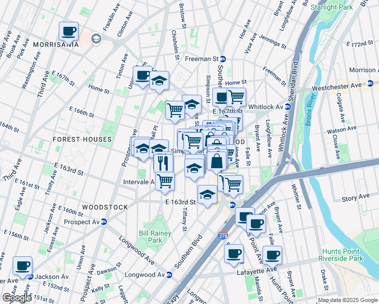 map of restaurants, bars, coffee shops, grocery stores, and more near 967 East 165th Street in Bronx