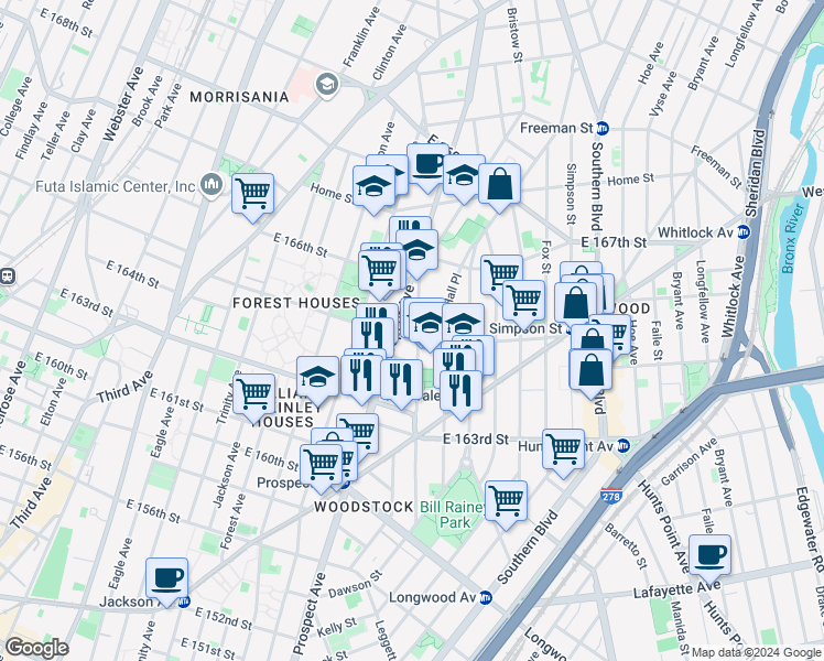 map of restaurants, bars, coffee shops, grocery stores, and more near in The Bronx