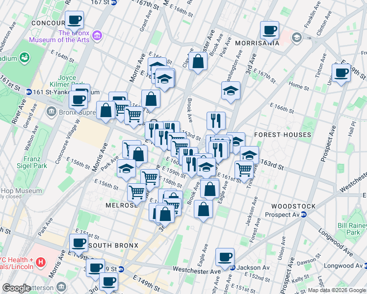 map of restaurants, bars, coffee shops, grocery stores, and more near 432 East 162nd Street in Bronx