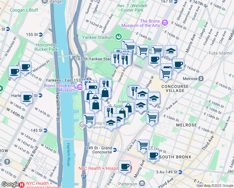 map of restaurants, bars, coffee shops, grocery stores, and more near 721 Walton Avenue in Bronx