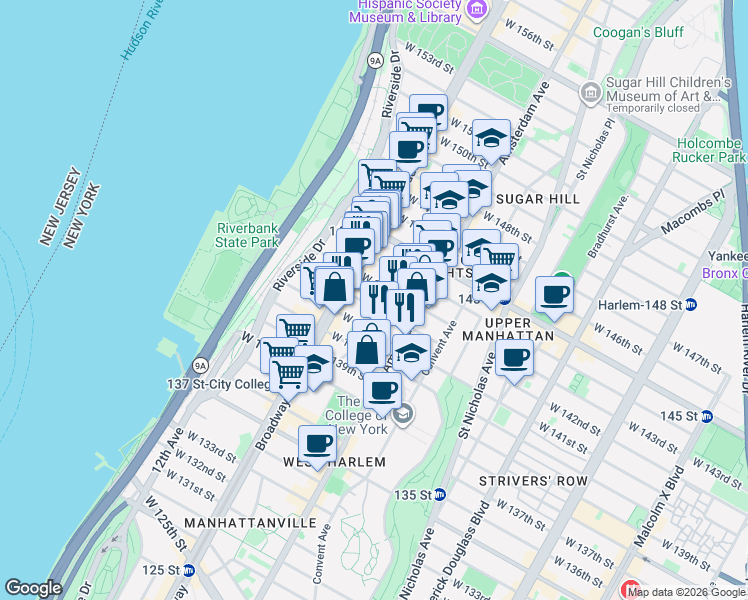 map of restaurants, bars, coffee shops, grocery stores, and more near 511 West 142nd Street in New York