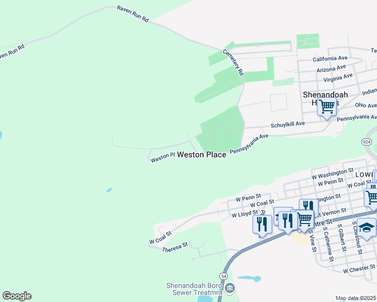 map of restaurants, bars, coffee shops, grocery stores, and more near 38 Weston Place in Shenandoah