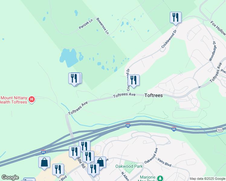 map of restaurants, bars, coffee shops, grocery stores, and more near 331 Toftrees Avenue in State College