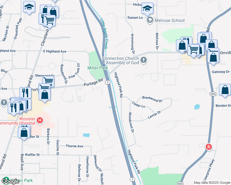 map of restaurants, bars, coffee shops, grocery stores, and more near 1918 Highland Park Road in Wooster
