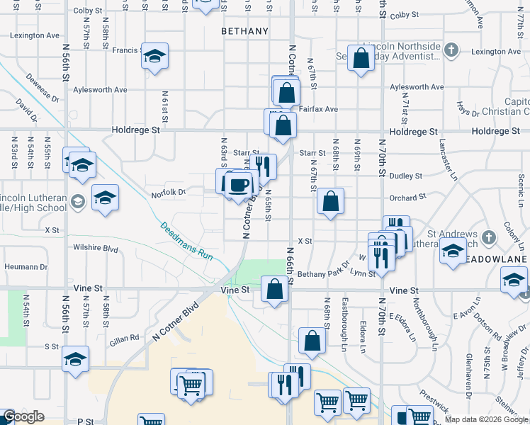 map of restaurants, bars, coffee shops, grocery stores, and more near 6520 Y Street in Lincoln