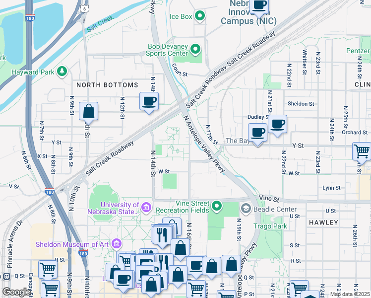 map of restaurants, bars, coffee shops, grocery stores, and more near 1055 N 16th St in Lincoln