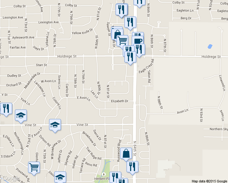 map of restaurants, bars, coffee shops, grocery stores, and more near 8118 MacKenzie Road in Lincoln