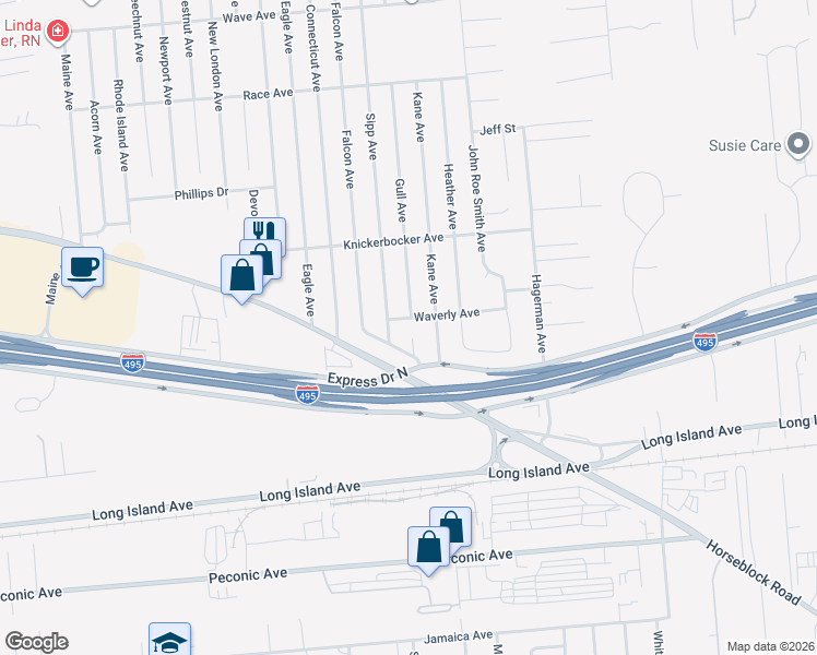 map of restaurants, bars, coffee shops, grocery stores, and more near 2616 Gull Avenue in Medford