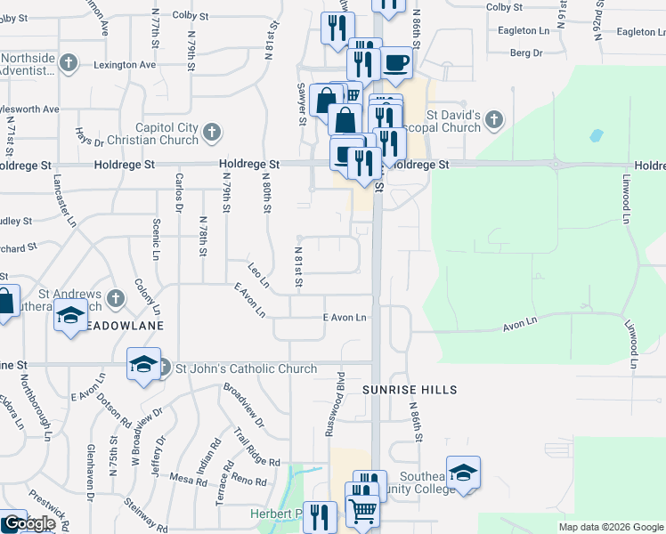 map of restaurants, bars, coffee shops, grocery stores, and more near 8222 Mackenzie Road in Lincoln