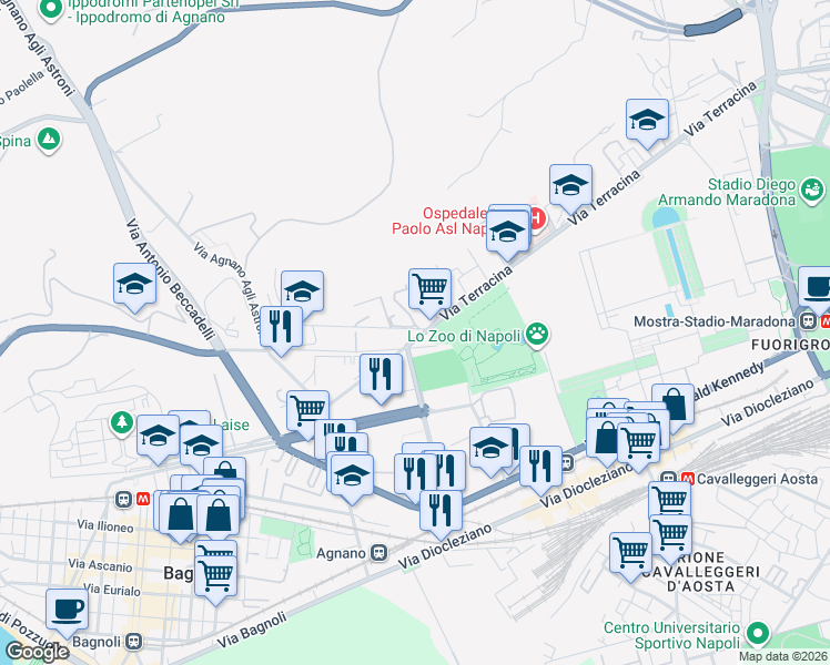 map of restaurants, bars, coffee shops, grocery stores, and more near 75 Via Terracina in Napoli