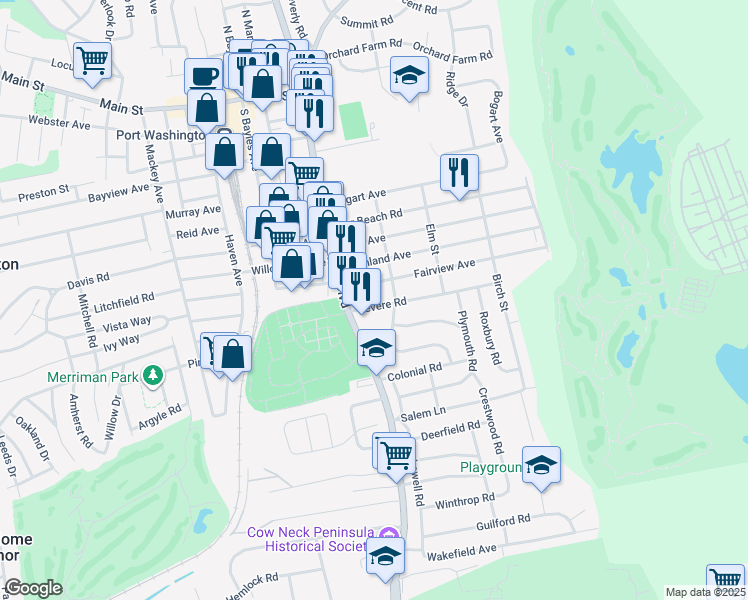 map of restaurants, bars, coffee shops, grocery stores, and more near 4 Revere Road in Port Washington