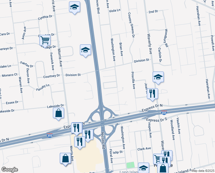 map of restaurants, bars, coffee shops, grocery stores, and more near 8 Merrick Street in Holtsville