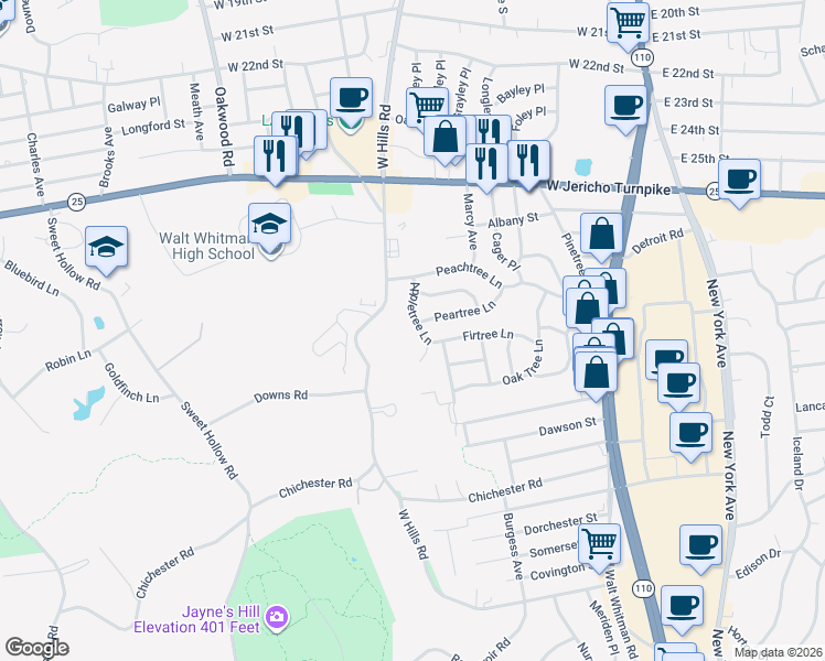 map of restaurants, bars, coffee shops, grocery stores, and more near 14 Appletree Lane in Huntington Station