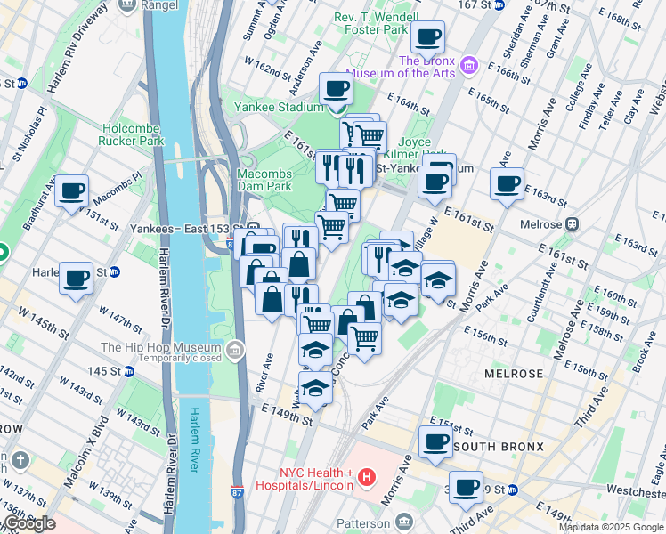 map of restaurants, bars, coffee shops, grocery stores, and more near 721 Walton Avenue in Bronx