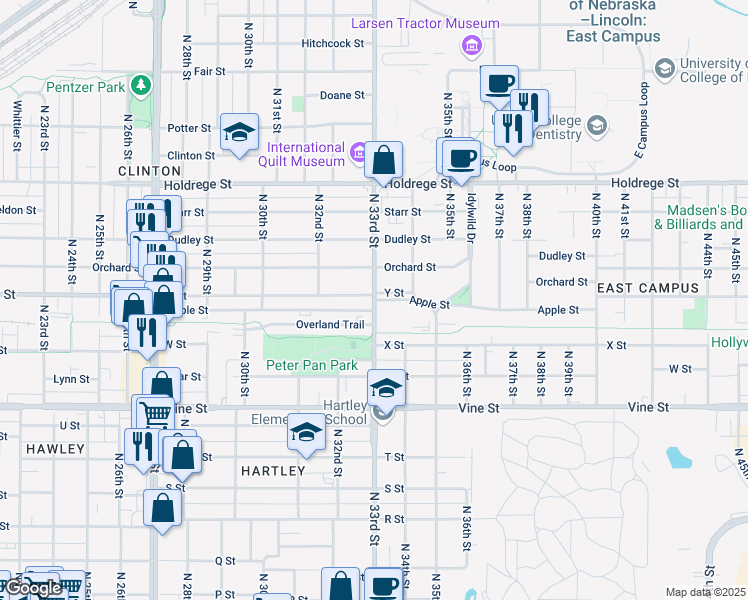 map of restaurants, bars, coffee shops, grocery stores, and more near North 33rd Street in Lincoln