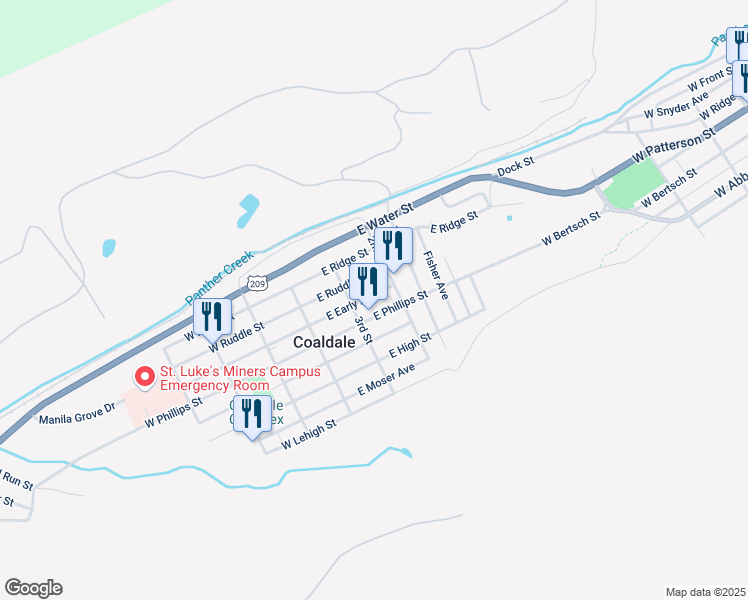 map of restaurants, bars, coffee shops, grocery stores, and more near 125 East Phillips Street in Coaldale