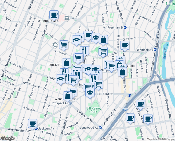 map of restaurants, bars, coffee shops, grocery stores, and more near in The Bronx