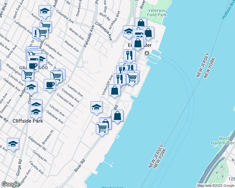 map of restaurants, bars, coffee shops, grocery stores, and more near 840 River Road in Edgewater