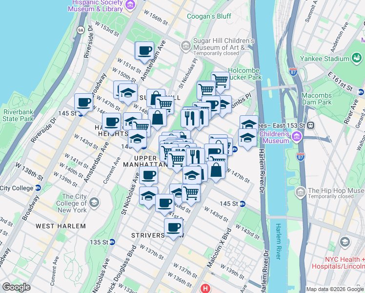 map of restaurants, bars, coffee shops, grocery stores, and more near 2762 Frederick Douglass Boulevard in New York