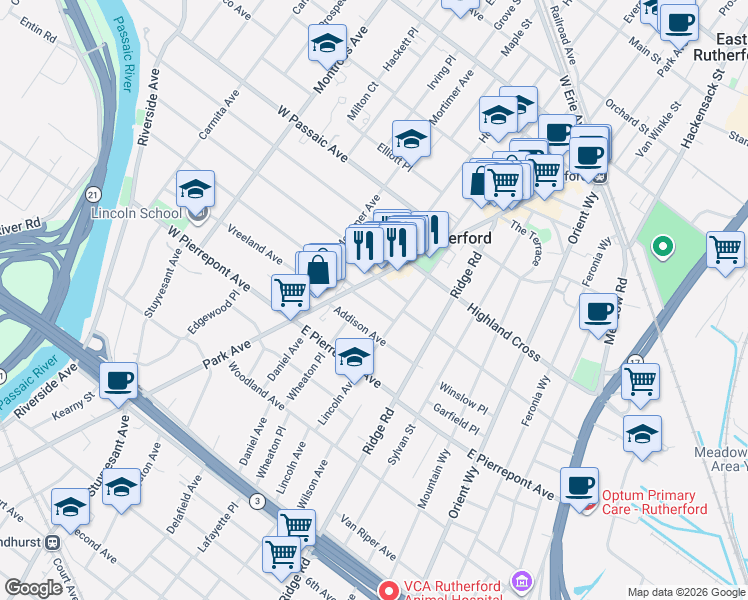 map of restaurants, bars, coffee shops, grocery stores, and more near 31 East Newell Avenue in Rutherford
