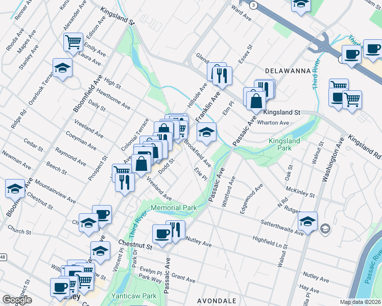 map of restaurants, bars, coffee shops, grocery stores, and more near 47 Erie Place in Nutley