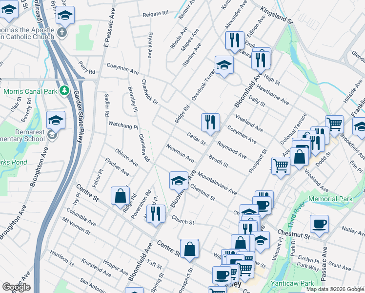 map of restaurants, bars, coffee shops, grocery stores, and more near 117 Beech Street in Nutley