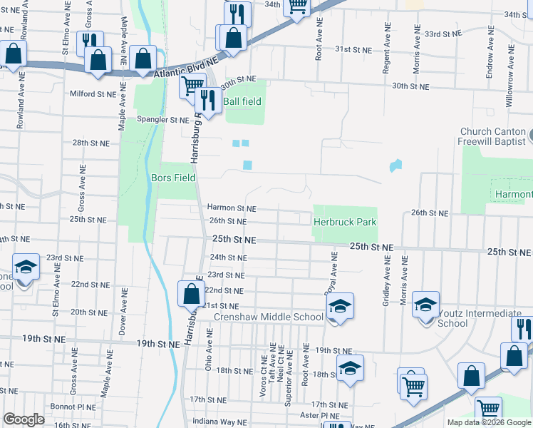 map of restaurants, bars, coffee shops, grocery stores, and more near 2301 26th Street Northeast in Canton
